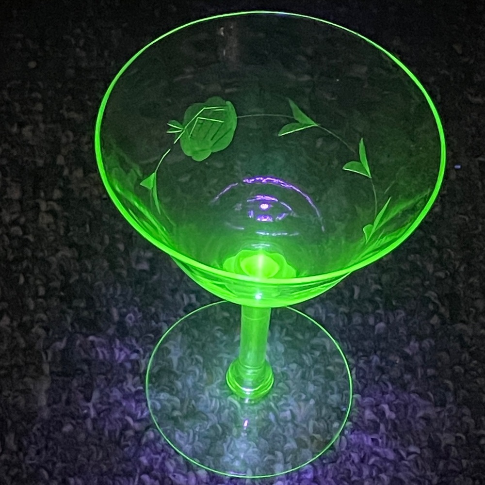 Uranium Wine Stemmed Cocktail Glass Glowing Green Etched Floral Pattern Pristine